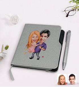 BK Gift Kişiye Özel Sevgililer Karikatürlü Gri Termo Deri Defter Kalem Seti-3