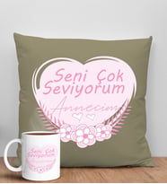 BK Gift Anneler Günü Tasarımlı Haki Kırlent Yastık ve Kupa Seti, Anneye Hediye, Ev Dekorasyonu, Anneler Günü Hediyesi-1