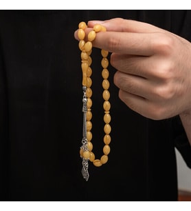 Sıkma Kehribar 925 Ayar Gümüş Tesbih (Bej)