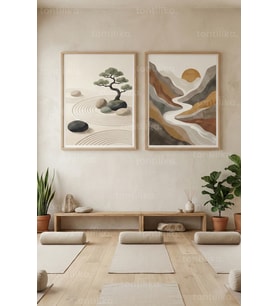 Zen Manzara & Minimal Doğa 2’li Ahşap Çerçeveli Tablo Seti