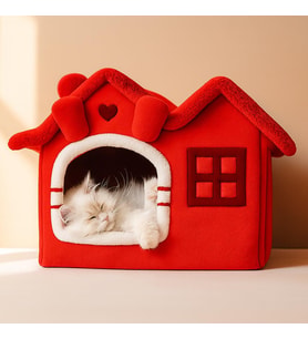 Villa Kedi Evi Peluş Kapalı Kedi Yatağı Minderli Katlanır (Kırmızı)