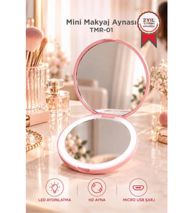 Torima Led Işıklı Type-C Şarjlı Makyaj Aynası Çift Taraflı HD Mini Ayna TMR01 Pembe