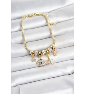 Pirinç Gold Renk Göz Model Charmlı Kadın Bileklik 5886 - SSSSSS8085-5473