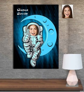 Kişiye Özel Karikatür Baskılı Ahşap Tablo Astronot Kadın-1 30x40