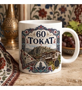 60 Tokat Geleneksel Anadolu Motifli Baskılı Kupa, Tokat Kalesi Tarihi Evler Üzüm ve Yöresel Memleket Tasarımı