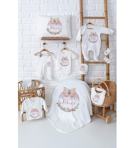 Pia Baby Premium %100 Pamuk Özel Tasarım Kız Bebek Hediyesi İsim Baskılı 11’li Set 5028-00 (Ekru)