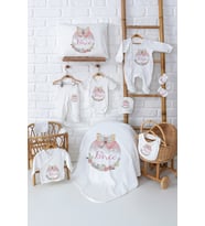 Pia Baby Premium %100 Pamuk Özel Tasarım Kız Bebek Hediyesi İsim Baskılı 11’li Set 5028-00 (Ekru)