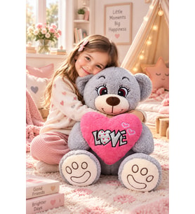 Sevgililer Günü Özel Sevgiliye Hediye 80 cm Kalp Tutan Peluş Ayıcık (Gri)