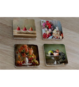 Armut Meyveler ve Çiçekler Doğal Taş Bardak Altlığı 4'lü set - Natural Stone Coasters