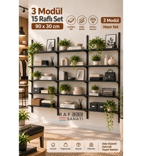 3 Modül 90x30 cm 15 Raflı Geniş Mağaza Duvar Rafı Konik Dikme Sistem Siyah Suntalam