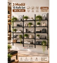 3 Modül 90x30 cm 15 Raflı Geniş Mağaza Duvar Rafı Konik Dikme Sistem Siyah Suntalam