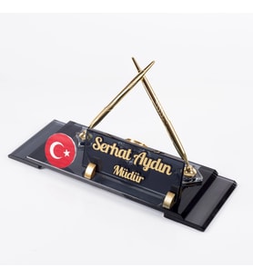Türk Bayraklı Masa İsimliği Bayrak Logolu Elit Kristal Ofis Masaüstü İsimlik