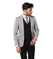 Siyah Kruvaze Yelekli Gri Erkek Takım Elbise - Wessi