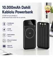 10.000mAh Dahili Kablolu Powerbank 22.5W Hızlı Şarj iPhone Android Uyumlu Dijital Göstergeli Taşınabilir Şarj Cihazı