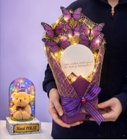 Led Işıklı Aynalı Mor Kelebek Buketi (Kişiye Özel Renkli Led Işıklı Fanus Hediyeli) (Model 4)