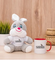 Kişiye Özel Minik Serçe İsim Yazılı Peluş Tavşan ve Kırmızı Kupa