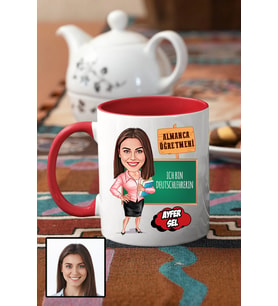 Kadın Almanca Öğretmenine Hediye Karikatürlü Kırmızı Kupa Bardak