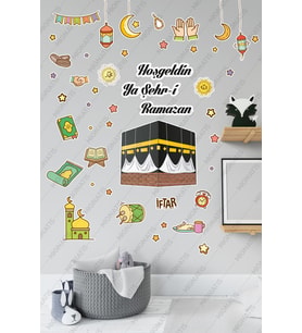 Kabe ve Renkli Ramazan Figürleri Cam Duvar Kapı Hoşgeldin Ramazan Sticker Seti Çocuk Bebek Odası