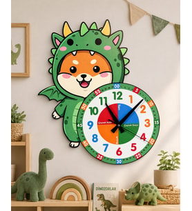 Sevimli Ejderha Dinazor Montessori Çocuk Odası Eğitici Ahşap Duvar Saati - Sessiz Mekanizma, Şık