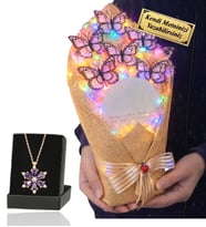 Size Özel Renkli Led Işıklı Aynalı Kelebek Buketi ve Gerçek Ametist Taşlı Lotus Kolye (Beyaz)