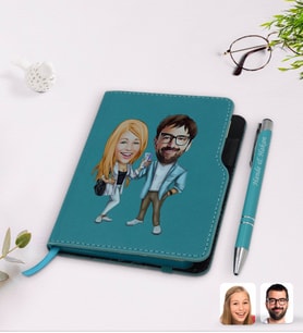 BK Gift Kişiye Özel Sevgililer Karikatürlü Turkuaz Termo Deri Defter Kalem Seti-93