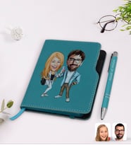 BK Gift Kişiye Özel Sevgililer Karikatürlü Turkuaz Termo Deri Defter Kalem Seti-93