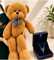 Işıklı Kutuda 925 Ayar Gümüş Zirkon Taşlı Daldaki Kelebek Kolye ve 80 cm Kahve Peluş Ayıcık Hediye