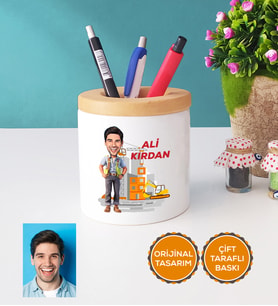 Kişiye Özel Karikatürlü İnşaat Mühendisi Kalemlik Erkek İnşaat Mühendisine Mühendisler Günü Hediyesi (Beyaz)