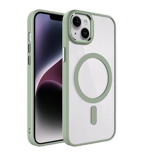 Coverzone iPhone 14 ile uyumlu K?l?f Wireless ?arj �zellikli Metal buton Z-Krom MagSafe ile uyumlu ?effaf Transparan Double Color Silikon Kapak Ye?il