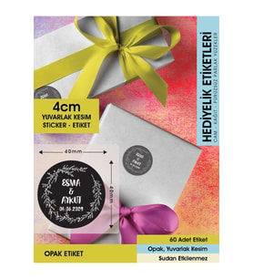 Çelenk Çiçek Motifli, Siyah Etiket Modeli Ürünlerinize Özel 4 Cm - 60 Adet Opak Sticker