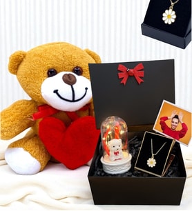 Kırmızı Kalpli Sevimli Peluş Ayıcık ve Tasarım Kolyeli Fotoğraflı Hediye Kutusu (Model 4)