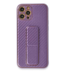 Newface Apple iPhone 12 Pro Kılıf Coco Karbon Standlı Kapak - Mor