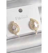 Pirinç Gold Renk Zirkon Taşlı Yaprak Model Kadın Küpe 5886