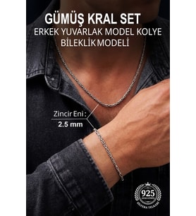 2.5 mm Kral Yuvarlak 925 Ayar Gümüş Erkek Kolye ve Bileklik Seti ST424