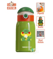 CocoSmile Özel Kutulu Kılıflı 470 ML Pipetli Çelik Termos -Boyun Askılı- 4 Farklı Model  csKılıflı (Yeşil)