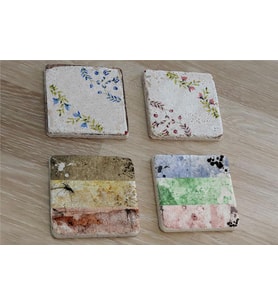 Çiçekli Desenler Doğal Taş Bardak Altlığı 4'lü set - Natural Stone Coasters