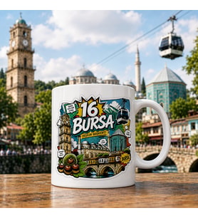 Bursa Temalı Hediyelik Kupa Bardak - 16 Plaka Yeşilin Başkenti Pop-Art Çizgi Roman Baskılı Özel Tasarım Kupa