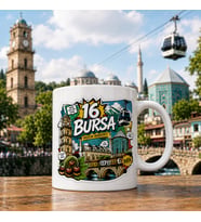 Bursa Temalı Hediyelik Kupa Bardak - 16 Plaka Yeşilin Başkenti Pop-Art Çizgi Roman Baskılı Özel Tasarım Kupa
