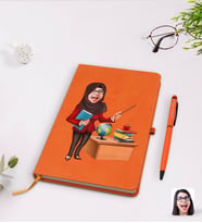 BK Gift Kişiye Özel Tesettürlü Kadın Öğretmen Karikatürlü Turuncu Termo Deri Defter Kalem Seti Model 1