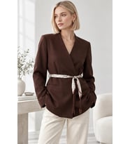 Kadın Şık Fular Kemerli Kruvaze Yaka Ceket - Kuşaklı Blazer Ceket - Kahverengi