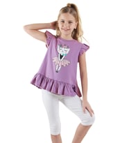 Çiçekli Kedi Kız Çocuk Mor T-shirt Tayt Takım