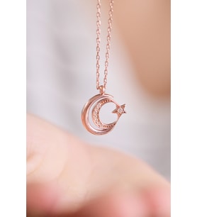 Ay ve Yıldız Motifli 14 K Rose Altın Kaplama Kadın Kolye