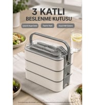 Antrasit 3 Katlı Beslenme Kutusu Çatal Kaşık Dahil Kilitli Kapaklı