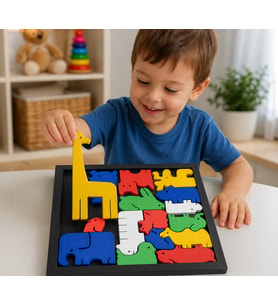 3D Baskı Hayvan Figürlü Ahşap Görünümlü Puzzle Oyunu - Eğitici Zeka ve Şekil Eşleştirme Oyuncağı