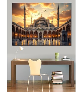 Gece Işıkları Altında İstanbul Camii Dekoratif Kanvas - Mdf Ahşap Tablo