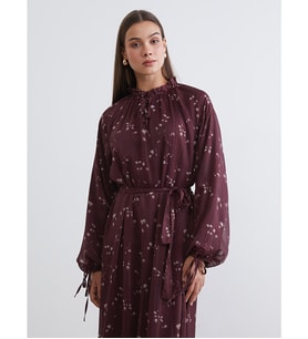 LCW Modest Bordo Desenli Belden Oturtmalı Şifon Elbise
