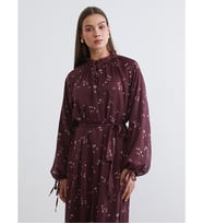 LCW Modest Bordo Desenli Belden Oturtmalı Şifon Elbise
