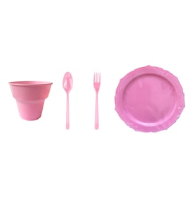 Omeyva 23 Cm. Plastik Mika Pembe Sorfa Piknik Seti - 24 Kişilik Tabak Bardak Çatal Kaşık Takımı