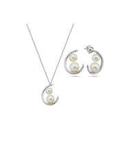 Çift Doğal İncili Küpe Kolye İkili Set (Beyaz)