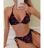 AMOR FACE ÖZEL TASARIM KIRMIZI YARASA BASKILI BEACH CLUB BRAZİLİAN FOTOJENİK KADIN BİKİNİ TAKIMI (Siyah)